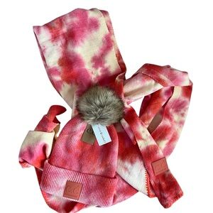 C.C Beanie Tie Dye Fur Pom Pom Beanie and Scarf